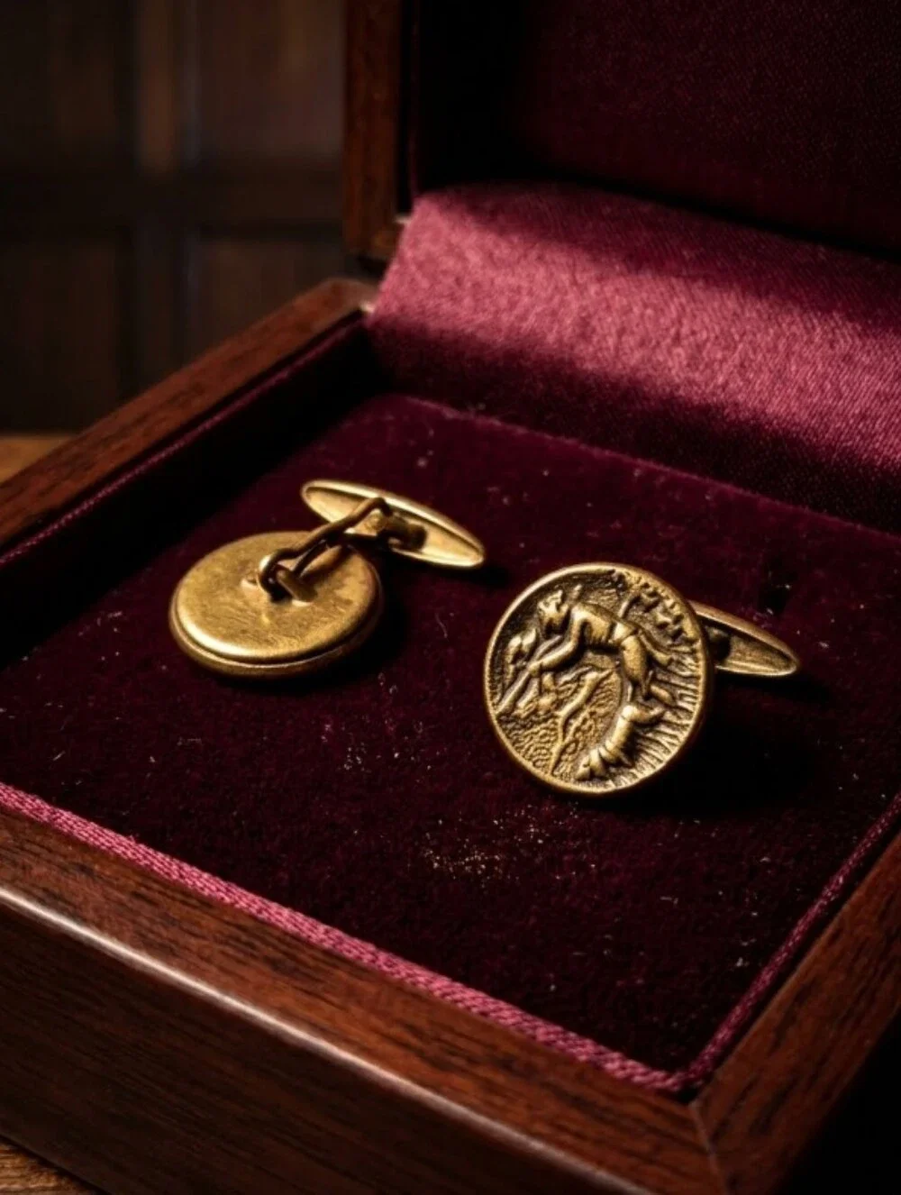 Vintage Cufflinks Hunter Sporting Dog and Rifle Embossed Brass Gold Plated